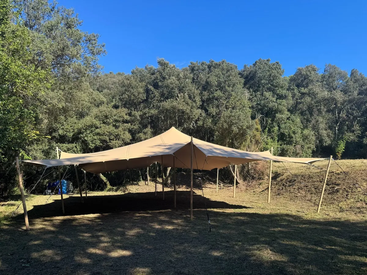 Carpa beduïna de lona crua muntada en un clar de bosc